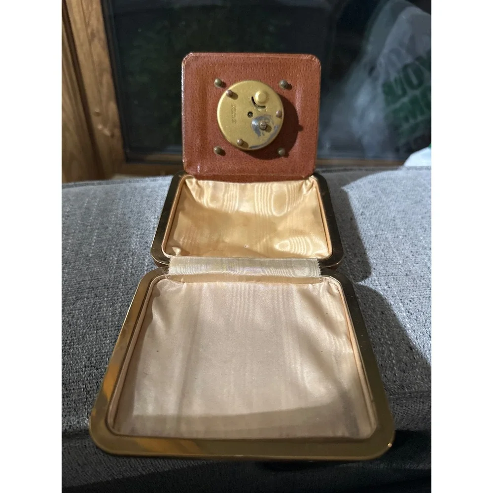 Penney Walker‎ Travel Alarm Clock Brown Leather Case Foldable Square Face 4